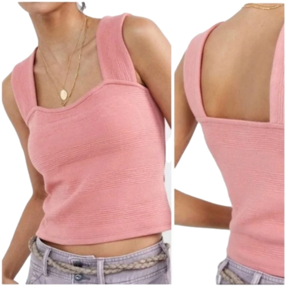 Anthropologie Pink Ribbed Square-Neck Tank Top